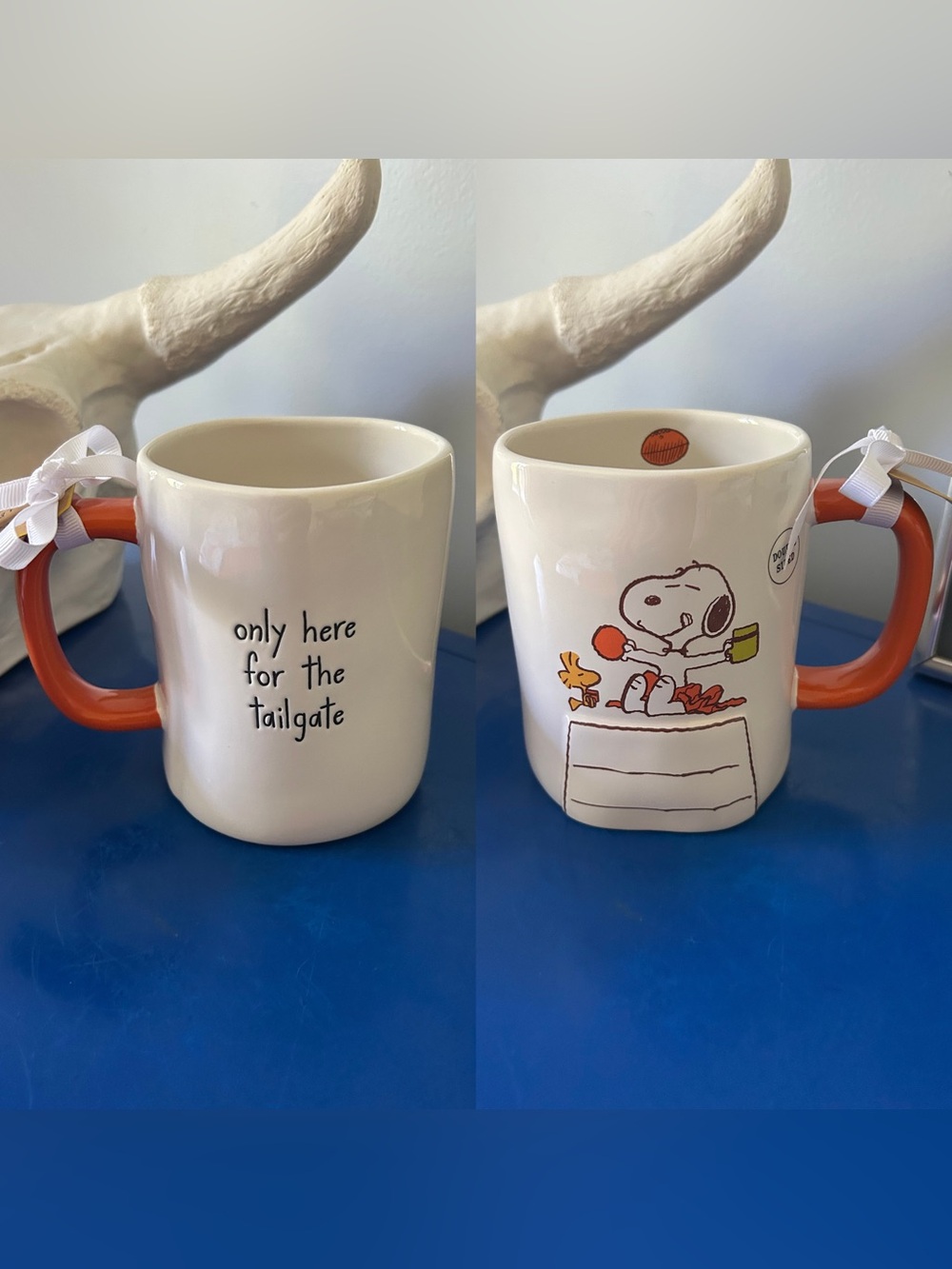 Rae Dunn Peanuts Snoopy Football Only Here for the Tailgate Double Sided Mug